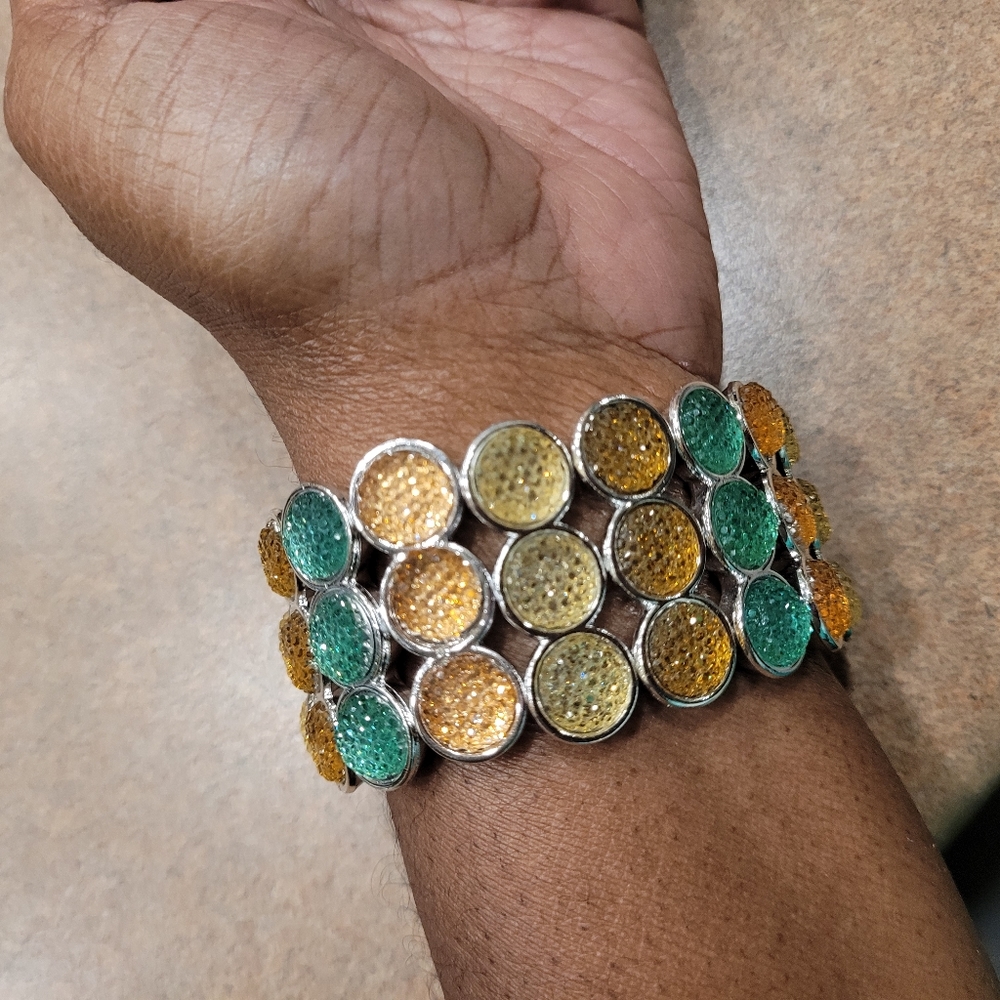 Peach,  green, & gold stretchy glitter bracelet